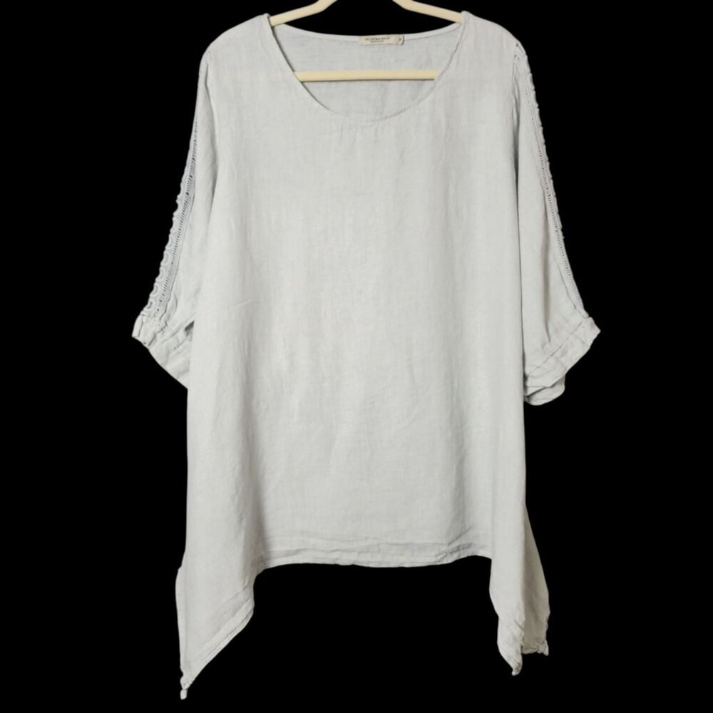 Valentina Naldi Womens Gray 100% Linen Beachy Boho Crochet Sleeve Tunic Top 1X
